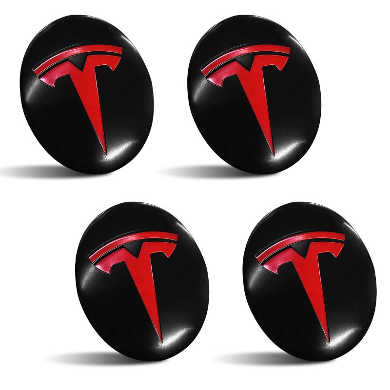 Knomix 4 عبوات من الألومنيوم المقاوم للماء لغطاء العجلة ملصق شعار مركزي لطراز Tesla 3 موديل Y 56 مم Hubcaps غطاء حافة العجلة (خلفية سوداء غير لامعة + شعار أحمر) - Image 3